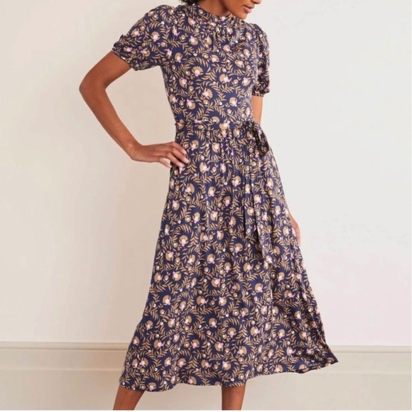 Boden Dresses & Skirts - Boden Blue Flora Jersey Puff Sleeve Tie Waist Midi Dress Cottagecore Preppy 10